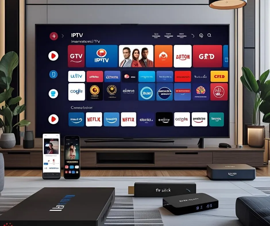 Interface IPTV sur écran TV avec logos de chaînes populaires comme beIN Sports, Canal+, RMC Sport, Sky Sport et Eurosport
